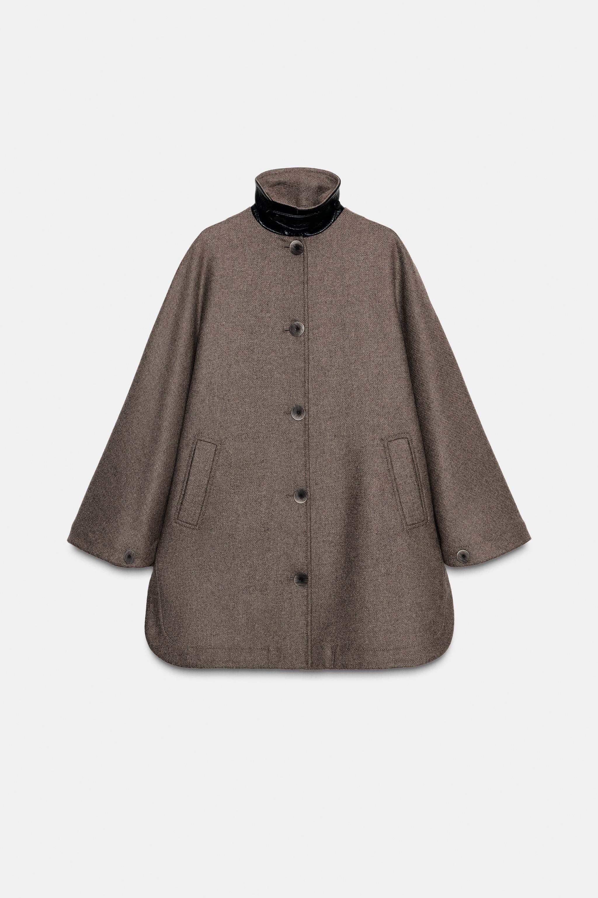 CONTRAST COLLAR WOOL BLEND CAPE COAT