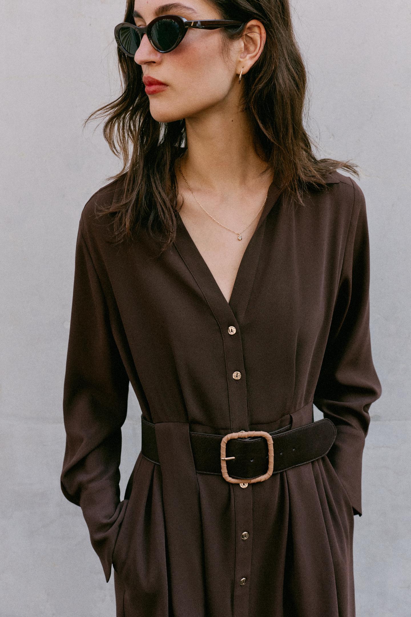 Женское платье Zara Belted MIDI Shirt Dress, цвет: Коричневый — фото 4