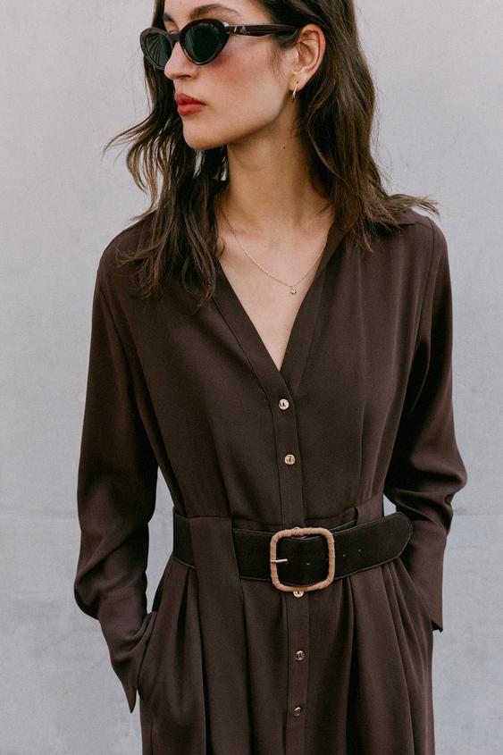 ROBE MIDI CHEMISE AVEC CEINTURE - Marron de Zara - Image 3