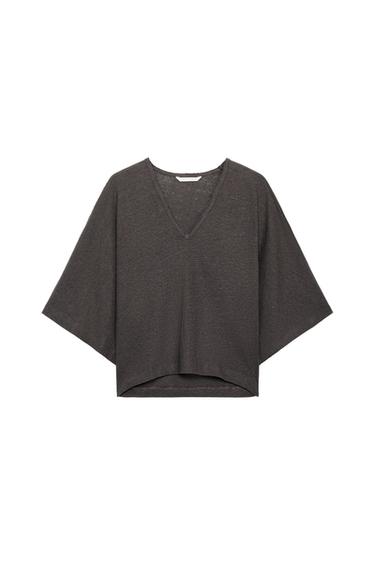 CAMISETA ESCOTE PICO CON LINO - Carbón de Zara