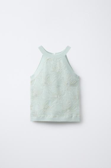 Zara FLORAL KNIT HALTER TOP - Sea green