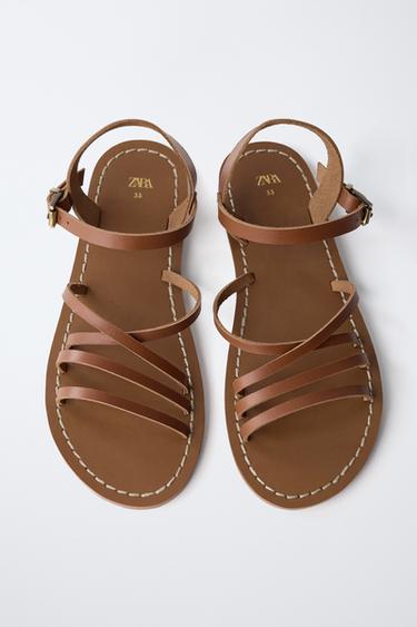 LEATHER STRAPPY SANDALS - Brown by Zara - Image 4