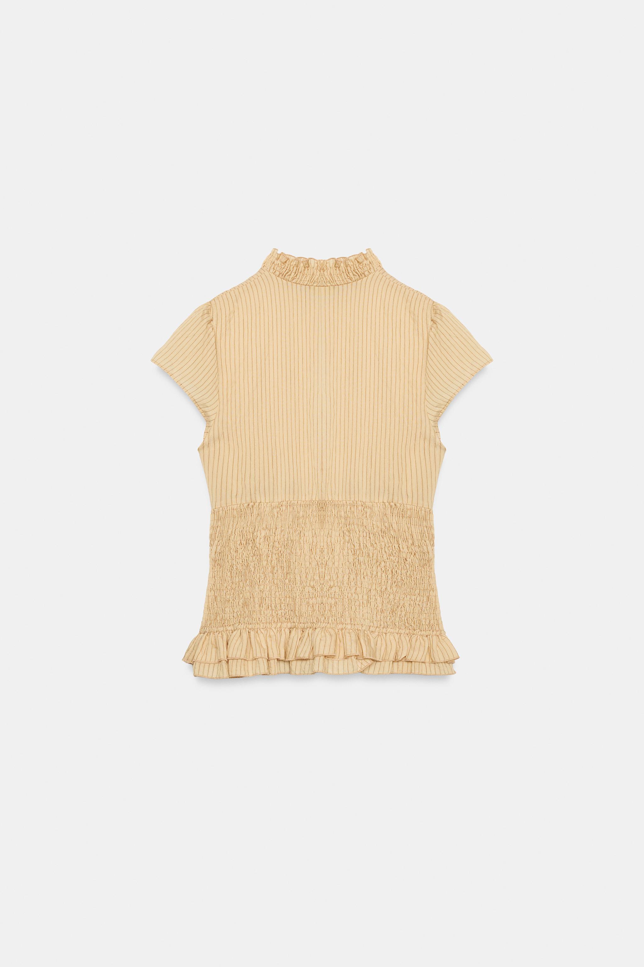 CHEMISE À RAYURES VOLANTS ET NID D'ABEILLE