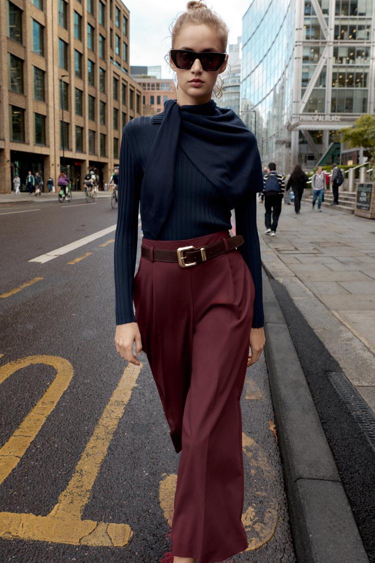 PANTALÓN PINZAS CINTURÓN Burgundy ZARA España - Main Image