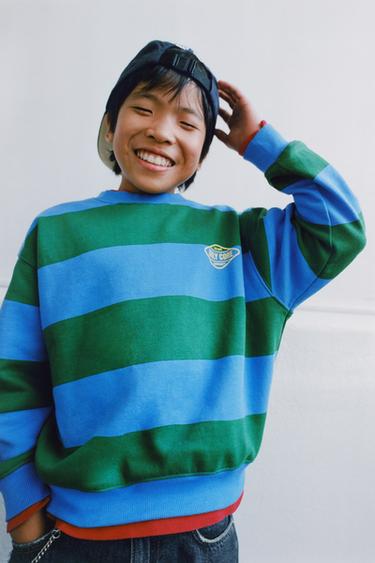 Zara STRIPED LOGO SWEATSHIRT - Green / Blue