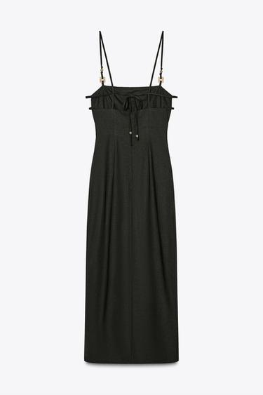 LINEN BLEND MIDI DRESS - Dark khaki by Zara - Image 7