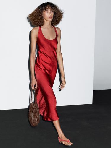Zara Long satin dress with round neckline - Red
