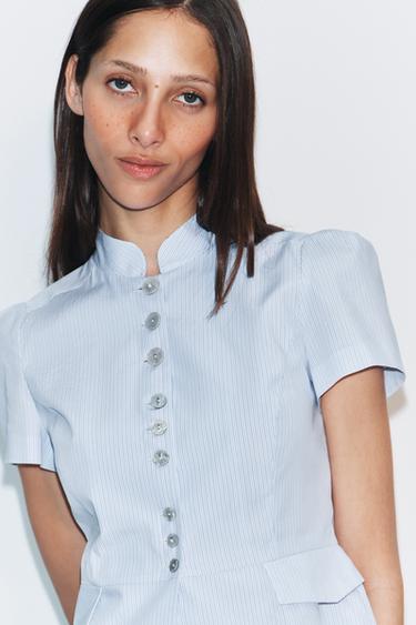 SHORT SLEEVE BUTTON-UP TOP - Blue/White by Zara - Image 1
