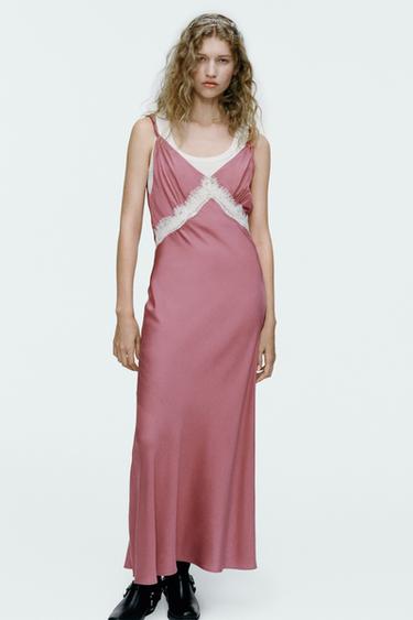 Zara ZW COLLECTION SATIN SLIP DRESS - Pink