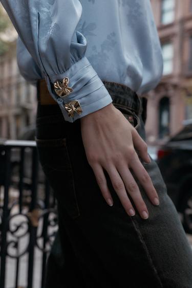 CHEMISE SATINÉE JACQUARD AVEC NŒUD - Bleu clair de Zara - Image 5