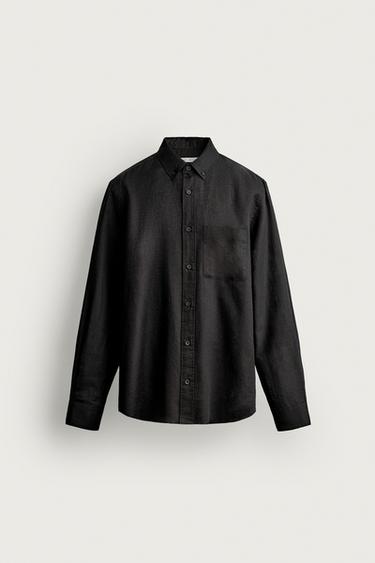 قميص كتان - قطن بقصة regular fit - أسود الخاص بـ Zara