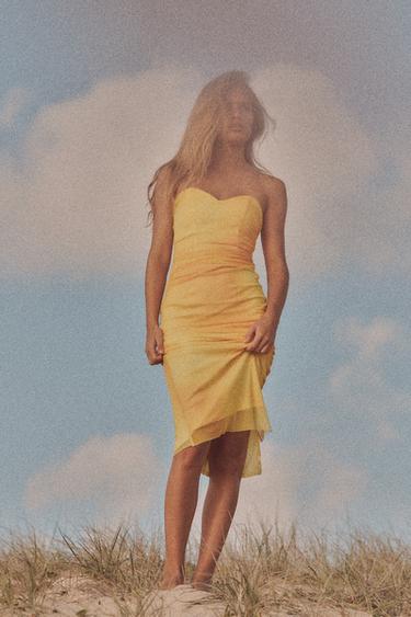 Zara PRINTED TULLE STRAPLESS DRESS - TYEAMARILLO - Image 0