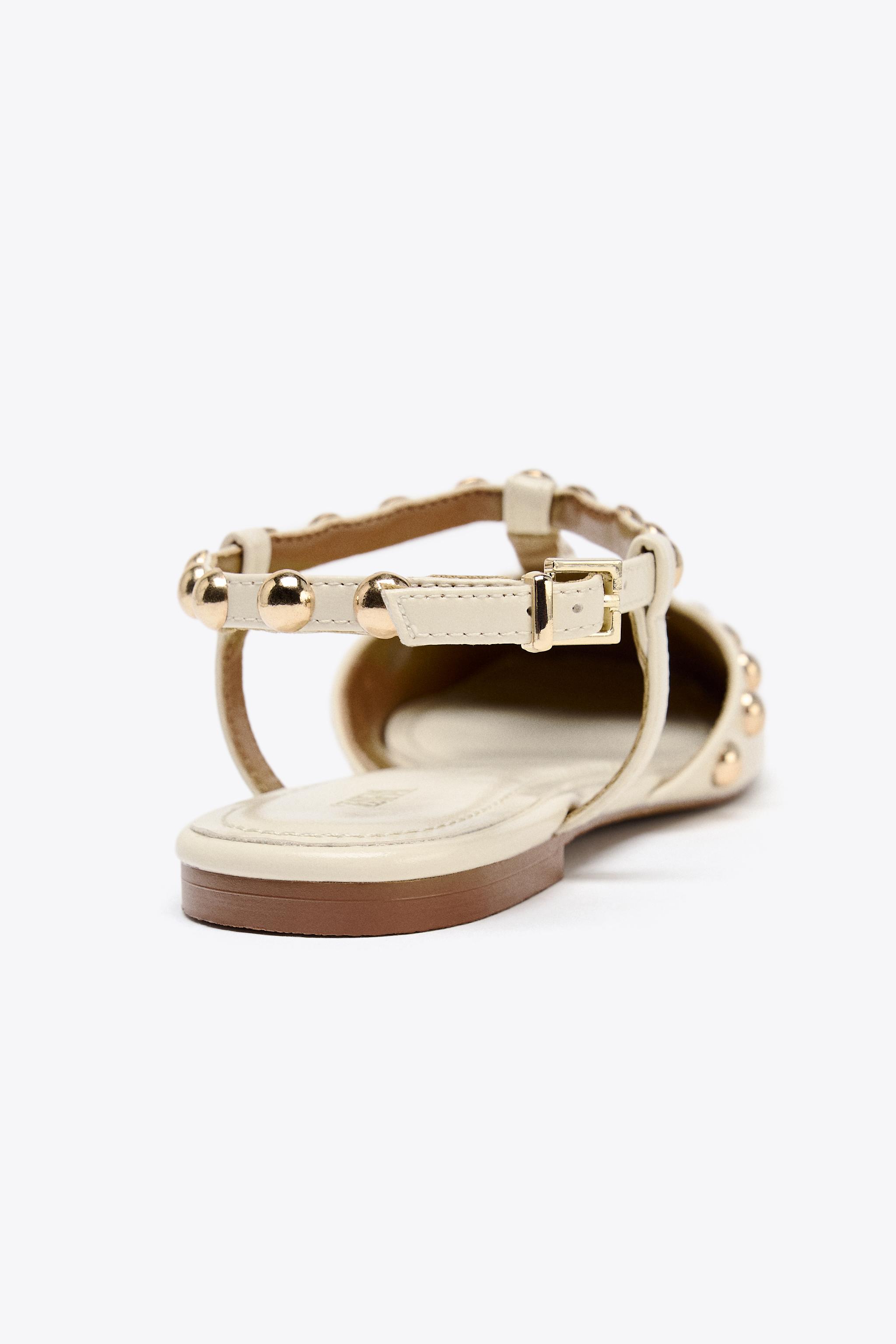 ZARA ザラ　スタッズ レザー フラットシューズ　39 スタッズ付きフラットシューズ - ホワイト | ZARA Japan / 日本