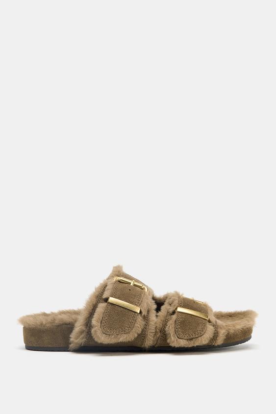FAUX FUR FLAT BUCKLE SANDALS