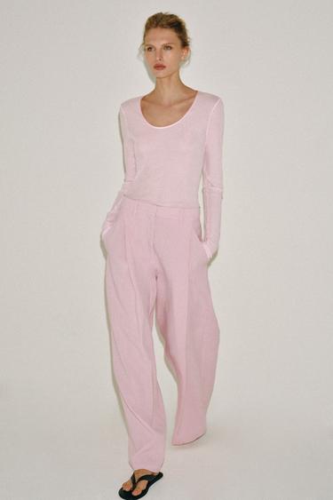 T-SHIRT MED RUND HALS I BOMULD - pastel rosa fra Zara - Billede 0