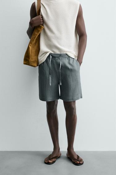 REGULAR FIT LINEN BERMUDA SHORTS - Grey green by Zara