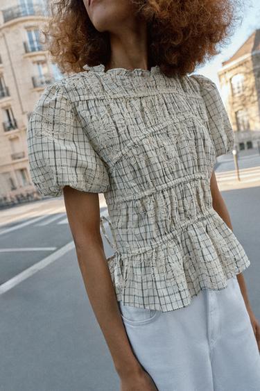 CHECK EMBROIDERED TOP WITH BOWS - Black / White by Zara - Image 1