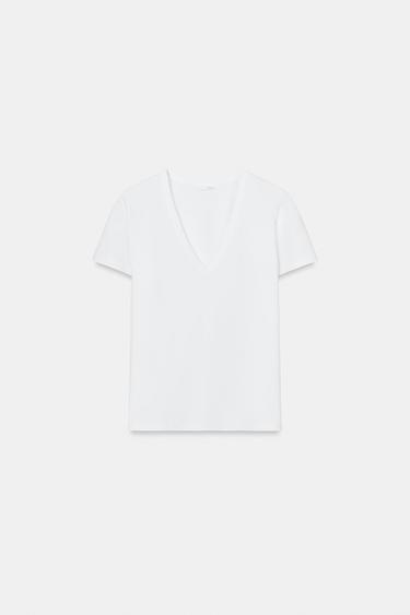 INTERLOCK V-NECK T-SHIRT - White by Zara