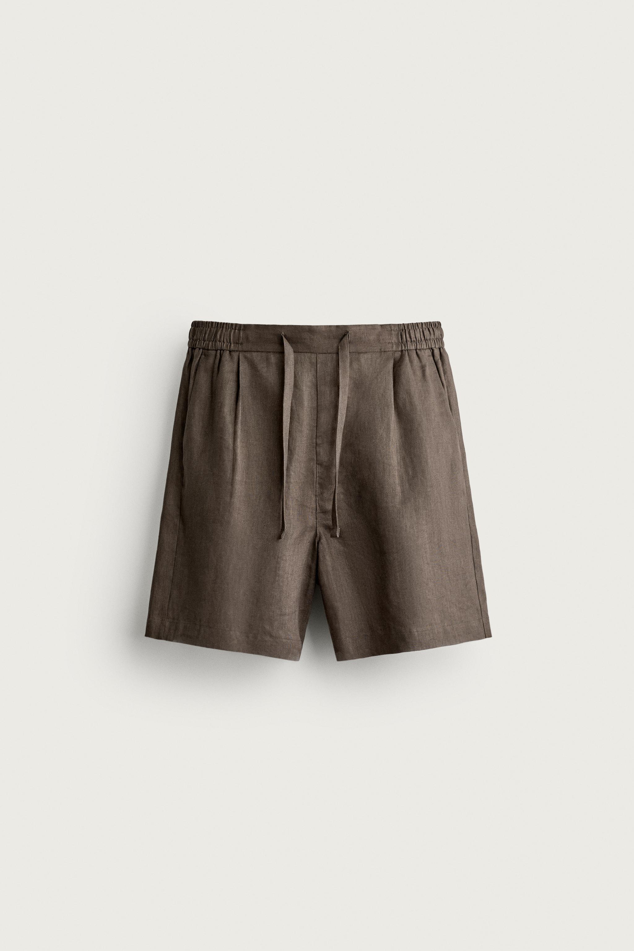 100% LINEN RELAXED FIT SHORTS — Brown / Taupe