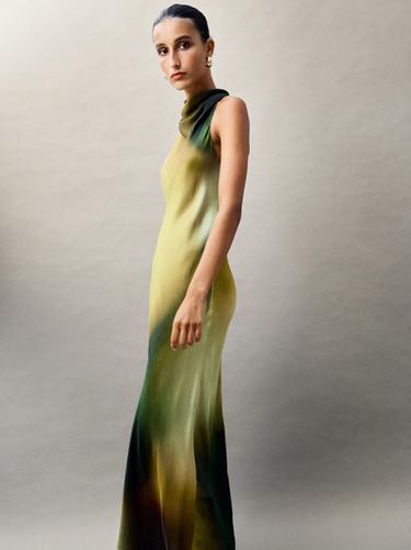 Vestido largo cuello halter estampado - Aceite de Zara