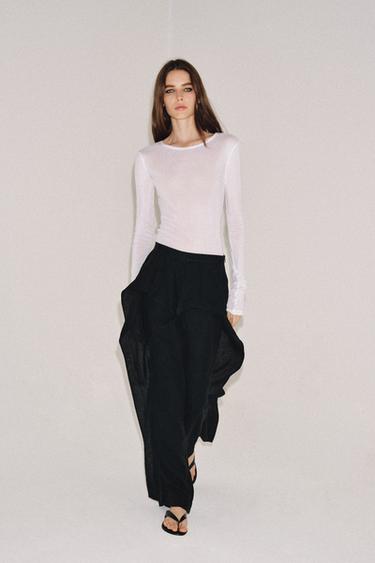 PANTALON À VOLANTS 100 % LIN ZW COLLECTION - Noir de Zara