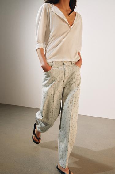 ZW COLLECTION HIGH-WAIST TAPERED FLORAL JEANS - Light blue by Zara
