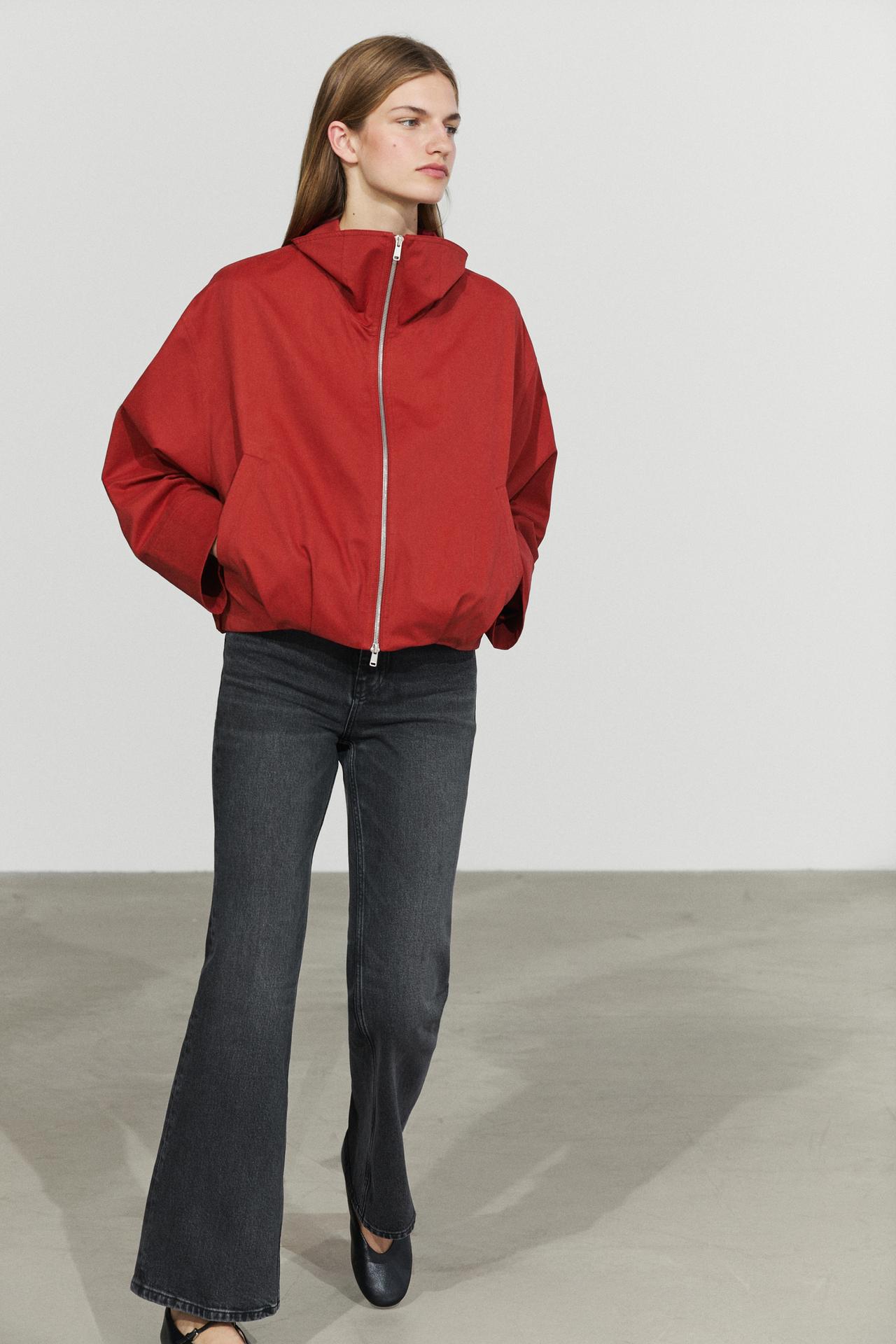 Cotton blend gathered bomber jacket — Dark red