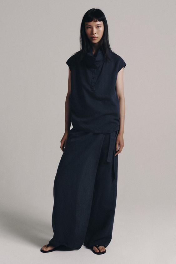 ZW COLLECTION PAREO TROUSERS WITH LINEN BLEND - Navy blue by Zara - Image 0