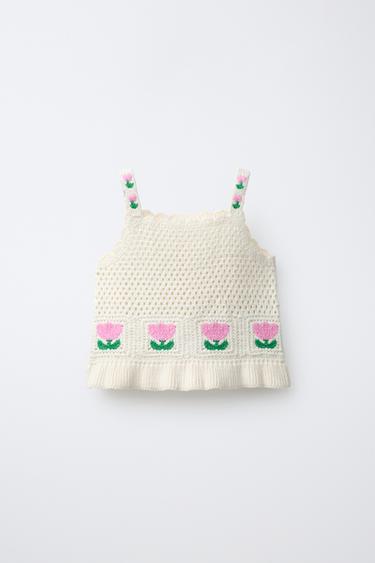 FLORAL CROCHET KNIT TOP - Ecru by Zara