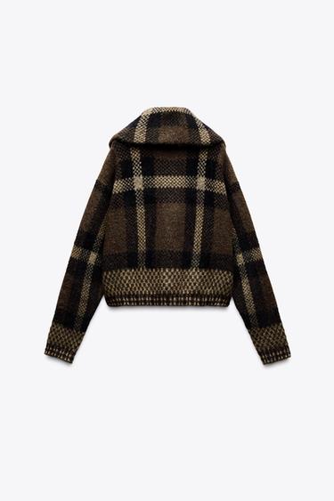 CHECKED KNIT BOMBER JACKET - Brown / Ecru by Zara - Image 4