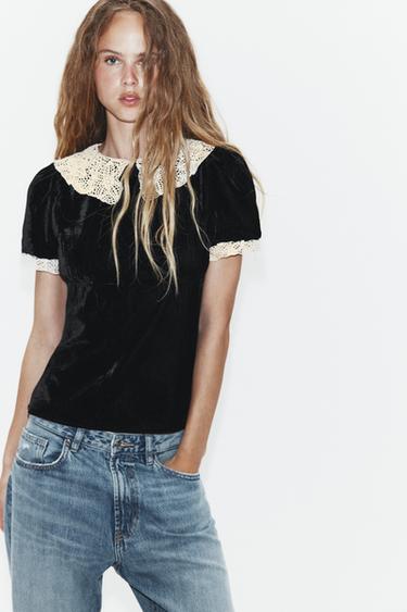 CAMISA VELVET DE CROCHÊ COM LAÇO - Preto da Zara