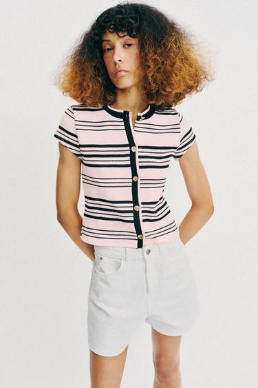 Zara STRIPED BUTTONED TOP - Pink