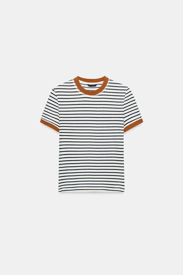 STRIPED SHORT SLEEVE T-SHIRT - Ecru / Navy by Zara