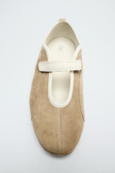 Zara LEATHER STRAP BALLET FLATS - Sandy Brown