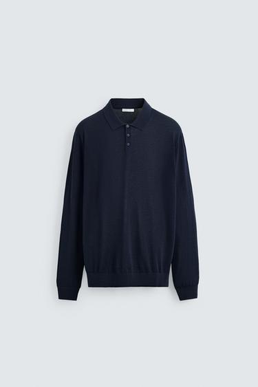 Zara COTTON - SILK BLEND KNIT POLO - Navy blue