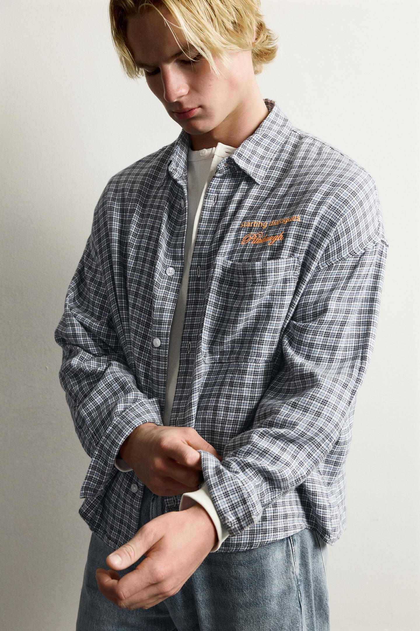 Детская рубашка Zara Embroidered Plaid, цвет: Синий / Тёмно-синий — фото 6