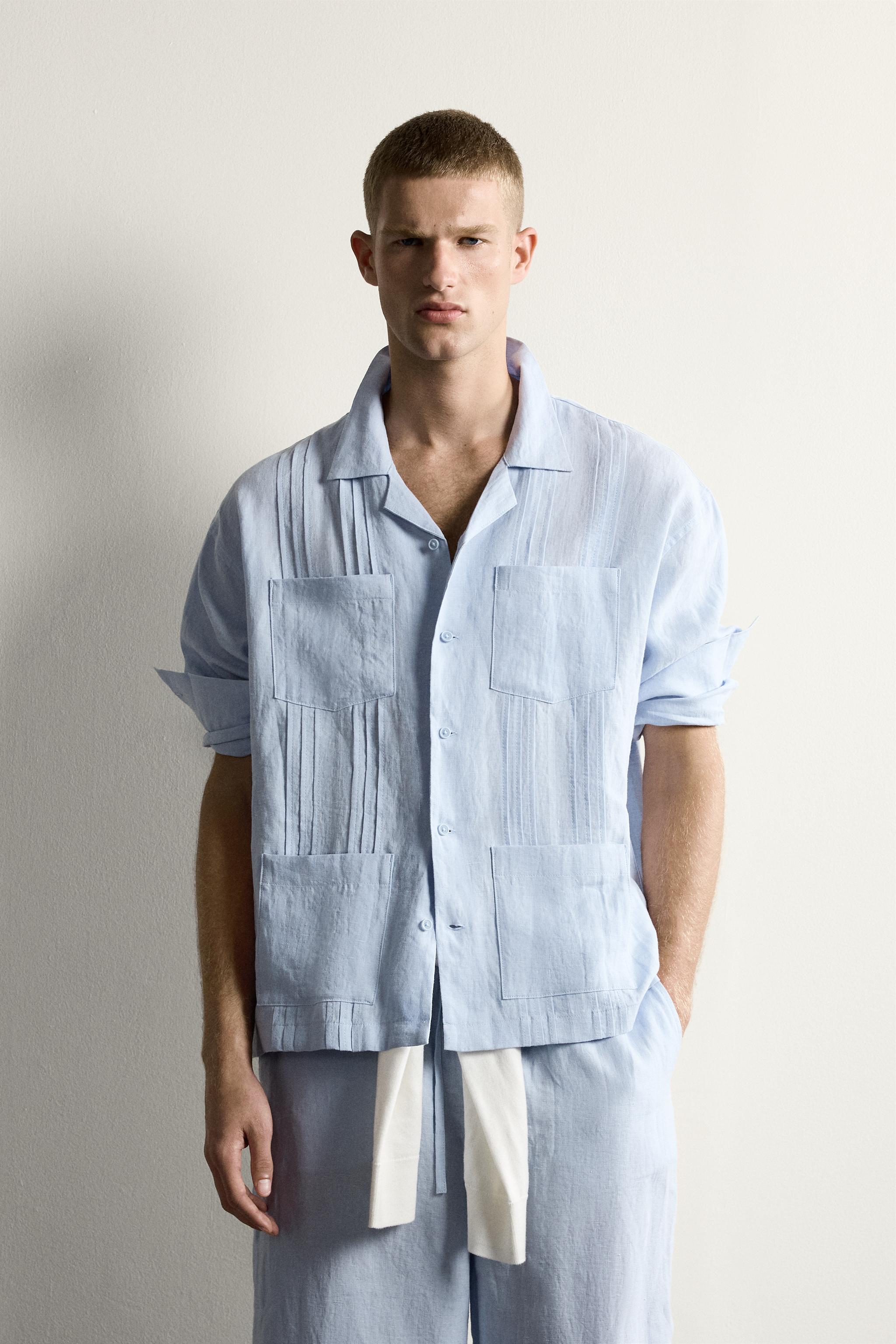 RELAXED FIT 100% LINEN PLEATED SHIRT