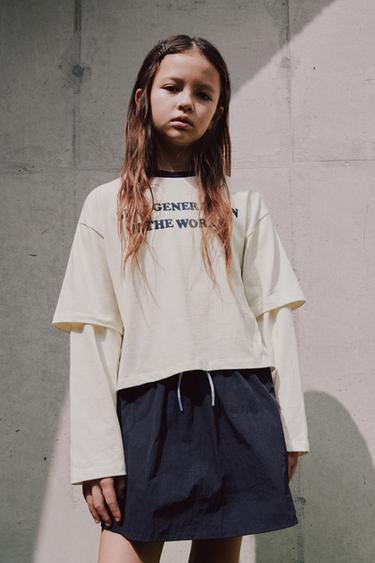 Zara 雙層袖標語 T 恤 - 磨白色