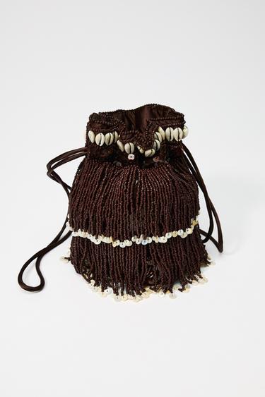GLITTERY MINI BUCKET BAG WITH SHELLS - Chocolate by Zara
