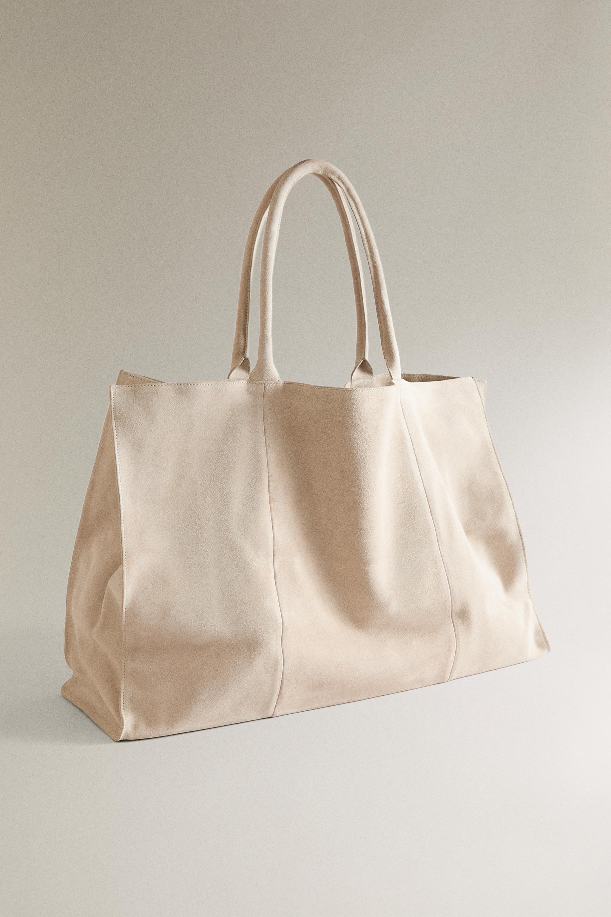 LARGE SPLIT SUEDE TOTE BAG — Beige