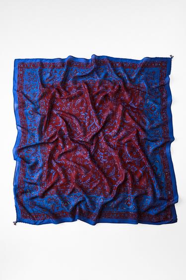 Zara BEADED VISCOSE SILK PRINTED SCARF - Bluish
