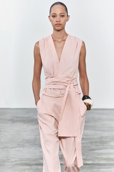TOP EN POPELINE AVEC NŒUDS ZW COLLECTION - Rose pastel de Zara