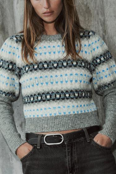 Zara PUFF SLEEVE JACQUARD JUMPER - Gray / Blue