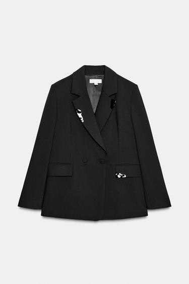 Zara OVERSIZED DOUBLE BREASTED BLAZER WITH LAPEL APPLIQUÉS - Black
