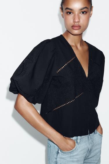 TOP BORDADOS MANGA ABULLONADA - Negro de Zara