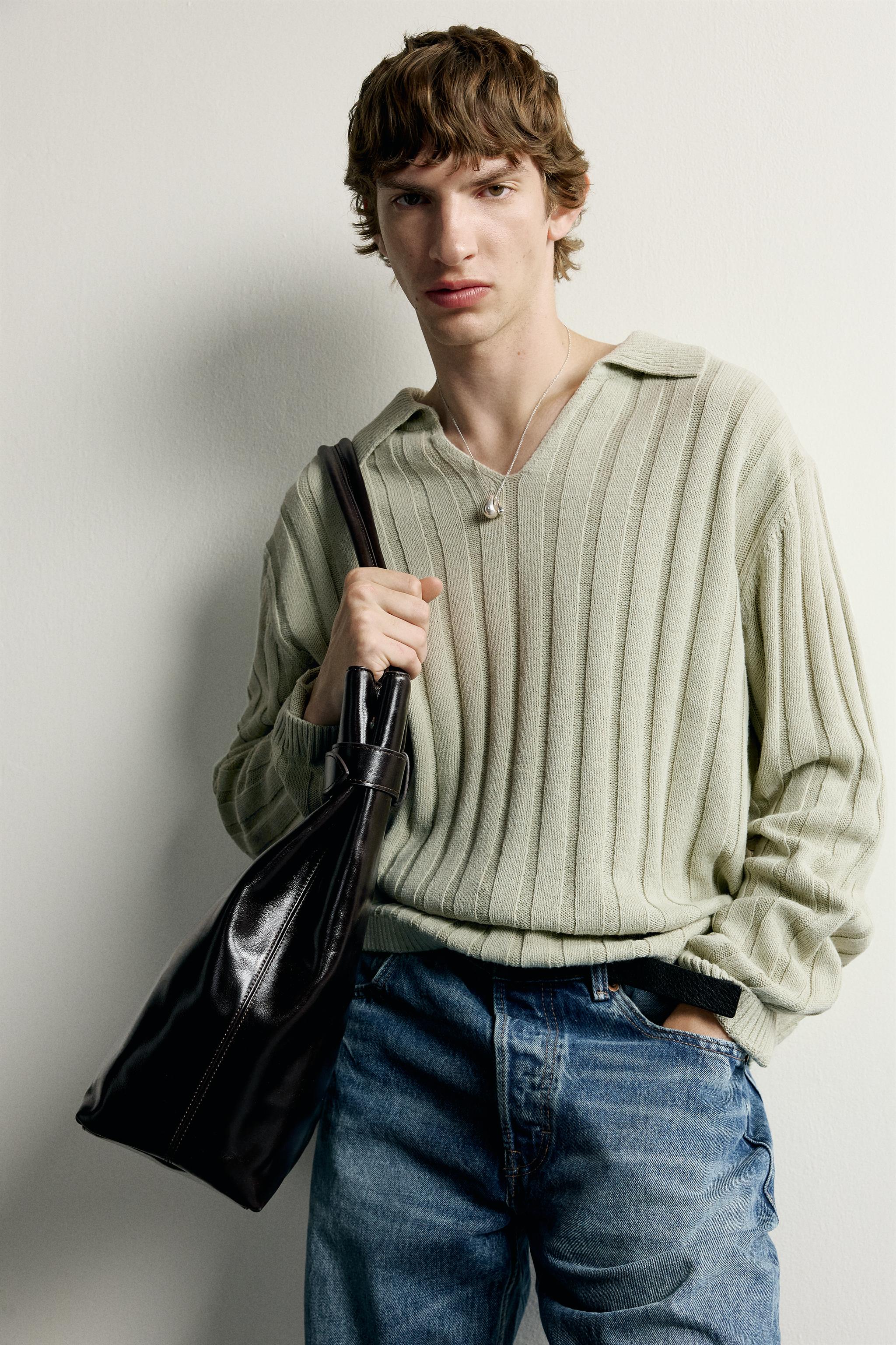 Мужские свитеры Zara LINEN-COTTON RIBBED KNIT POLO — фото 5