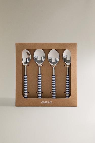 PACK OF DESSERT SPOONS WITH STRIPED HANDLES (PACK OF 4) - Blue/White by Zara - Image 4