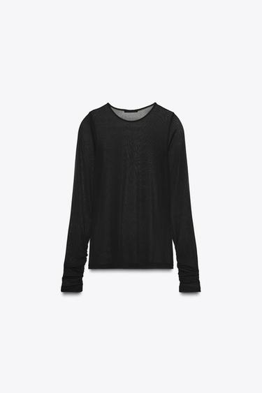 SEMI-SHEER GATHERED T-SHIRT - Black by Zara - Image 5
