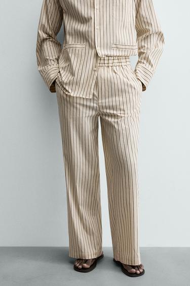 Zara STRIPED RELAXED FIT PANTS - Beige / Navy