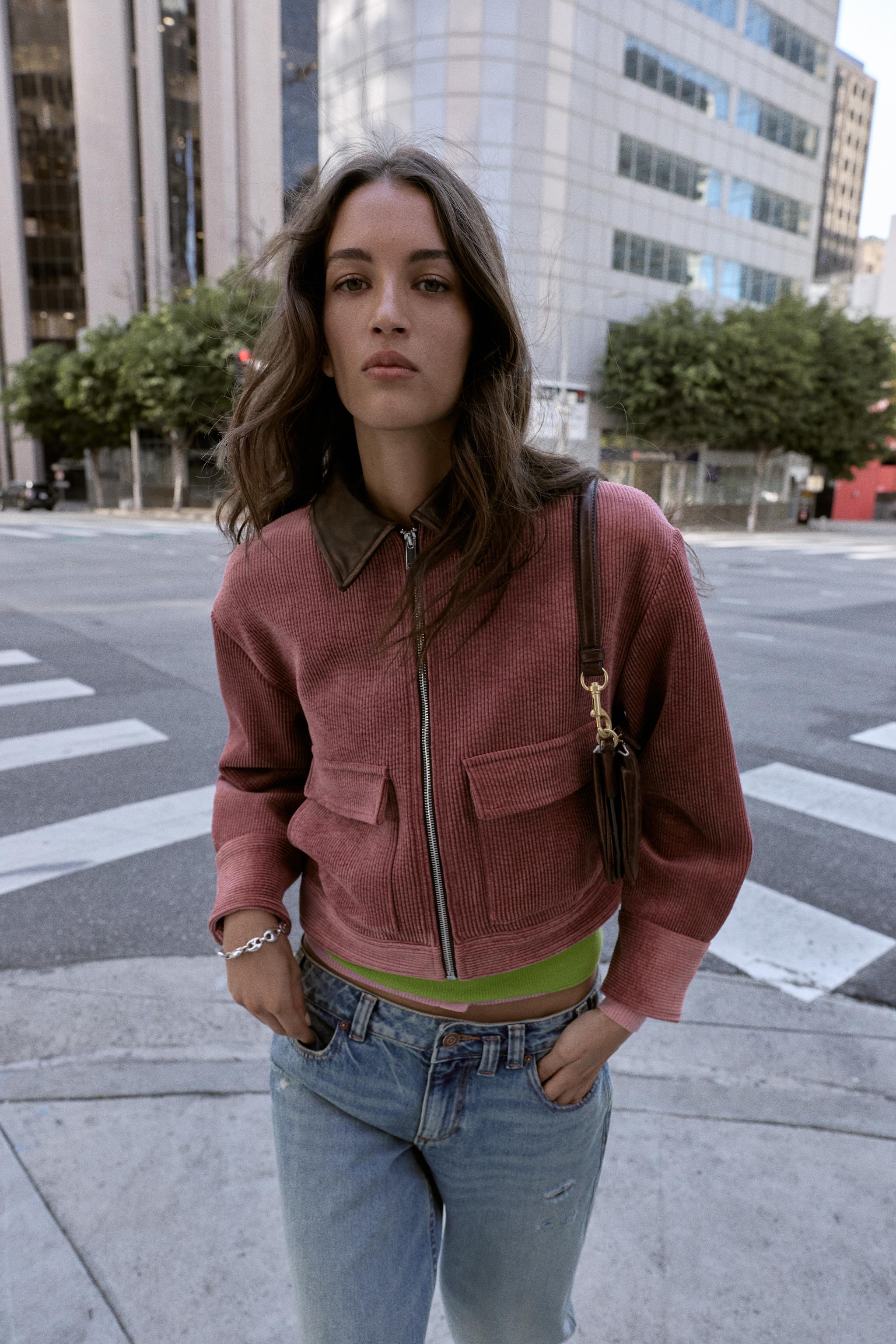 BLOUSON EN VELOURS CÔTELÉ À COL MATIÈRE SYNTHÉTIQUE